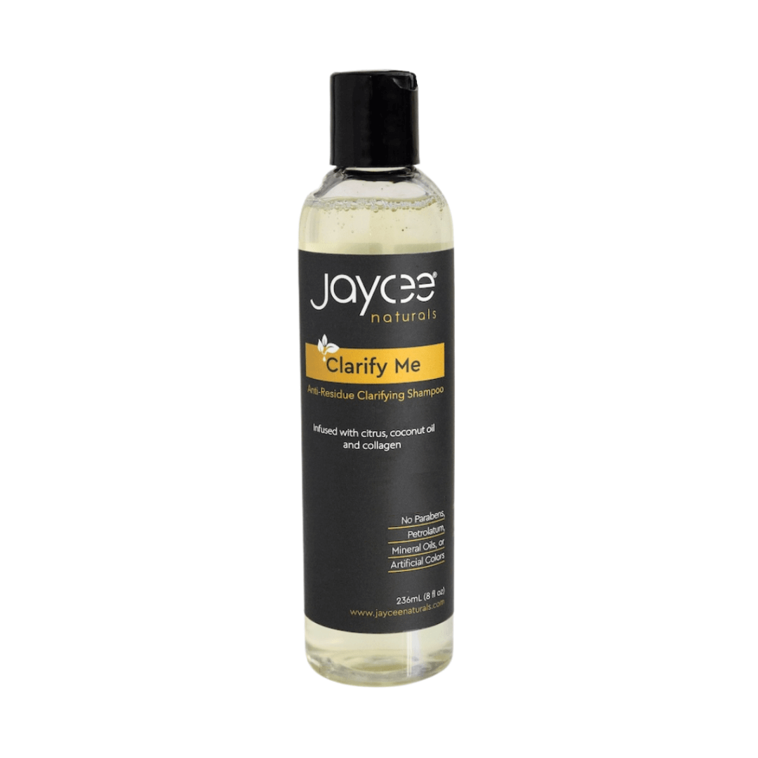 Jaycee Naturals Clarify Me Clarifying Shampoo, infused with citrus and coconut oil and free of parabens, petrolatum, mineral oils, and artificial colors. 236ml bottle standing against a white background.