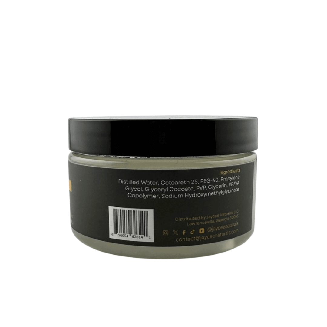 Jaycee Naturals Slick Me Edge Control, back view. The label lists ingredients, including water, copolymer, and glycerin.