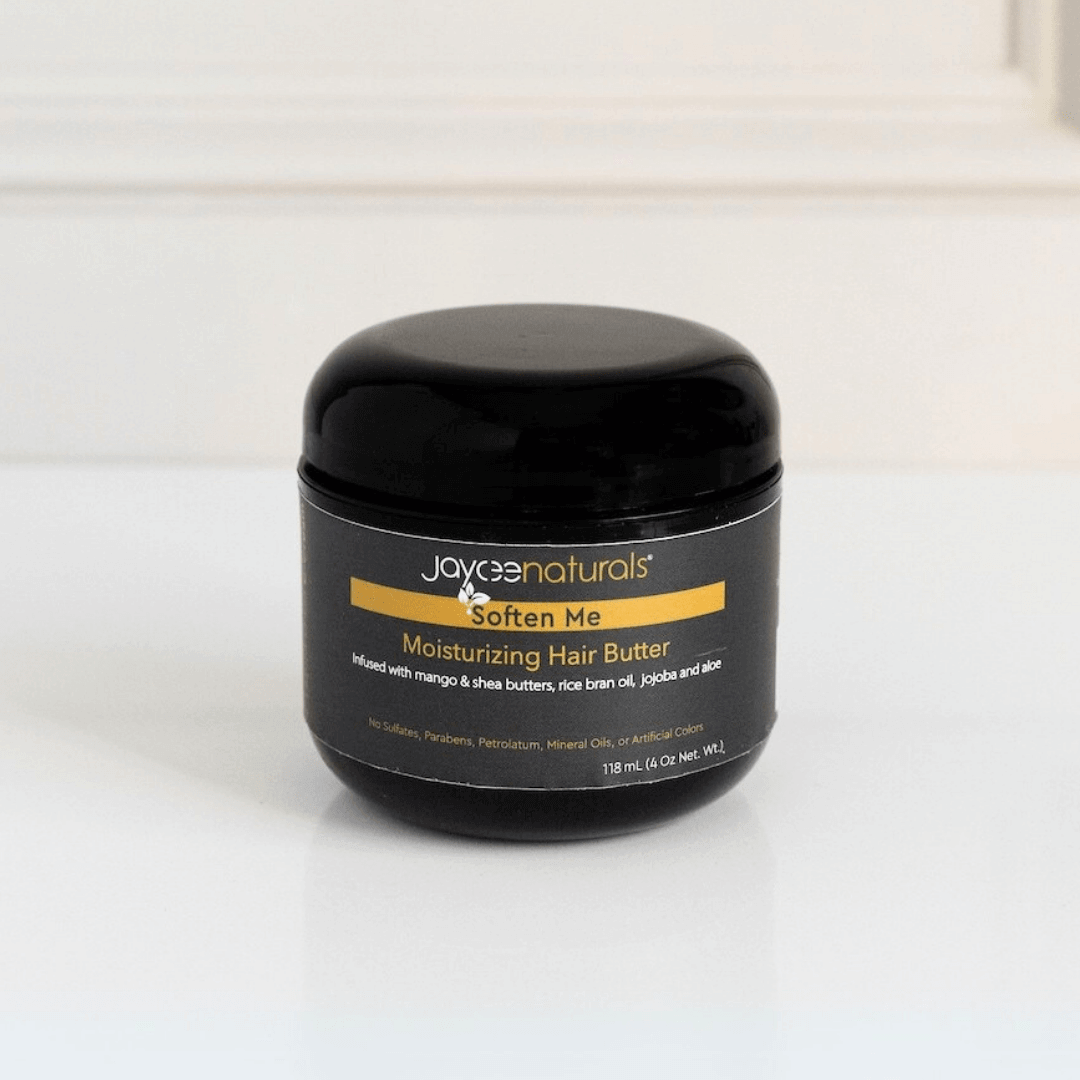 Jaycee Naturals Soften Me Hair Butter (4 oz), infused with mango and shea butters and free of sulfates, parabens, petrolatum, mineral oils, and artificial colors. 118ml jar standing on a white countertop.