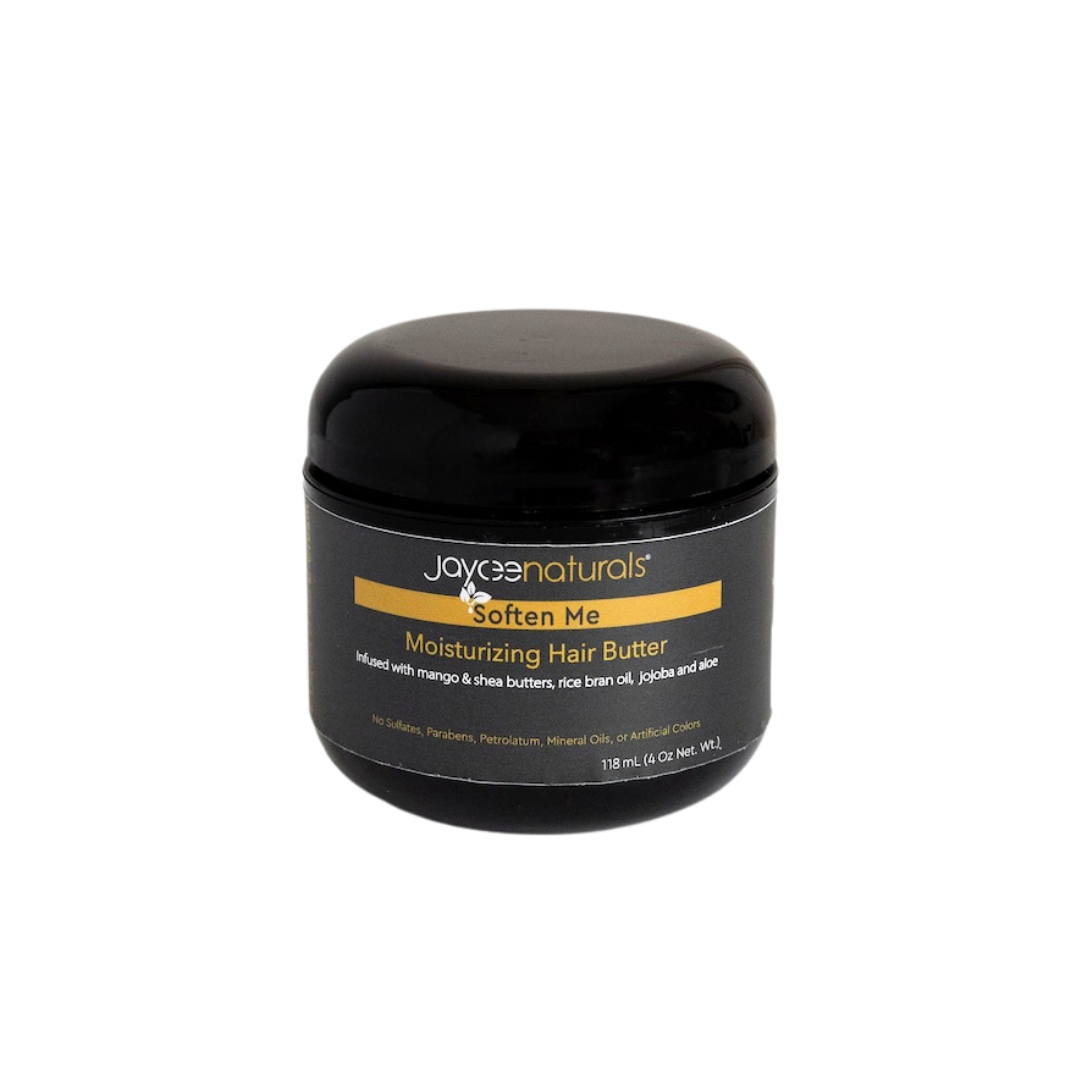 Jaycee Naturals Soften Me Hair Butter (4 oz), infused with mango and shea butters and free of sulfates, parabens, petrolatum, mineral oils, and artificial colors. 118ml jar standing on a white countertop.
