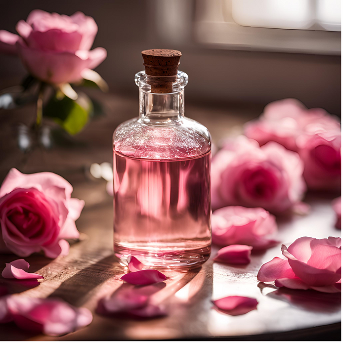 A bottle of rose water surrounded by roses