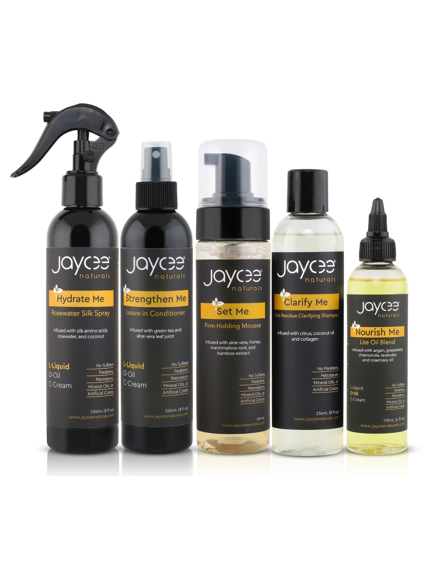 Set of Jaycee Naturals hair care products on a white background
