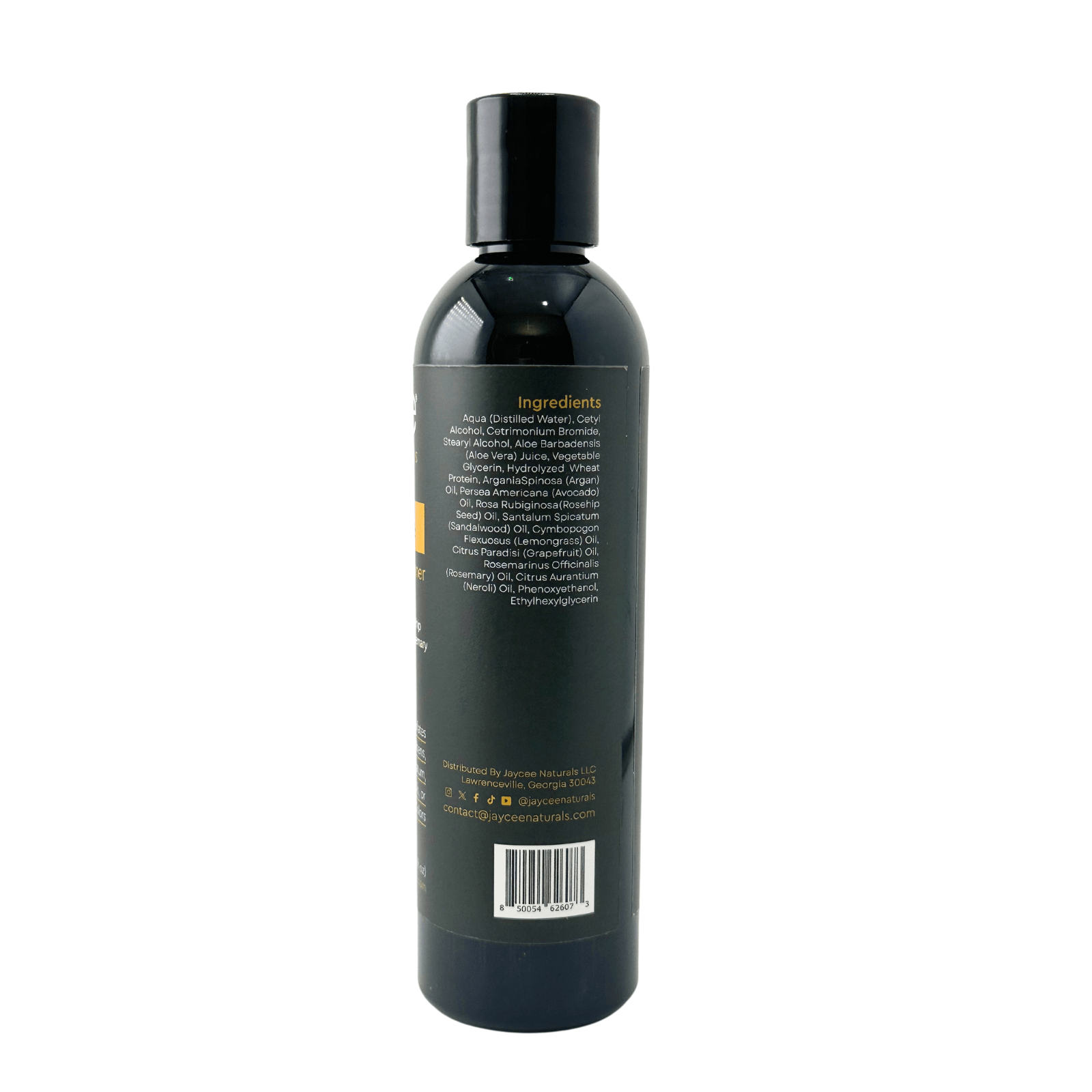 Jaycee Naturals Condition Me Moisturizing Conditioner, back view. The label lists ingredients, including water, aloe vera juice, lemongrass and wheat protein.