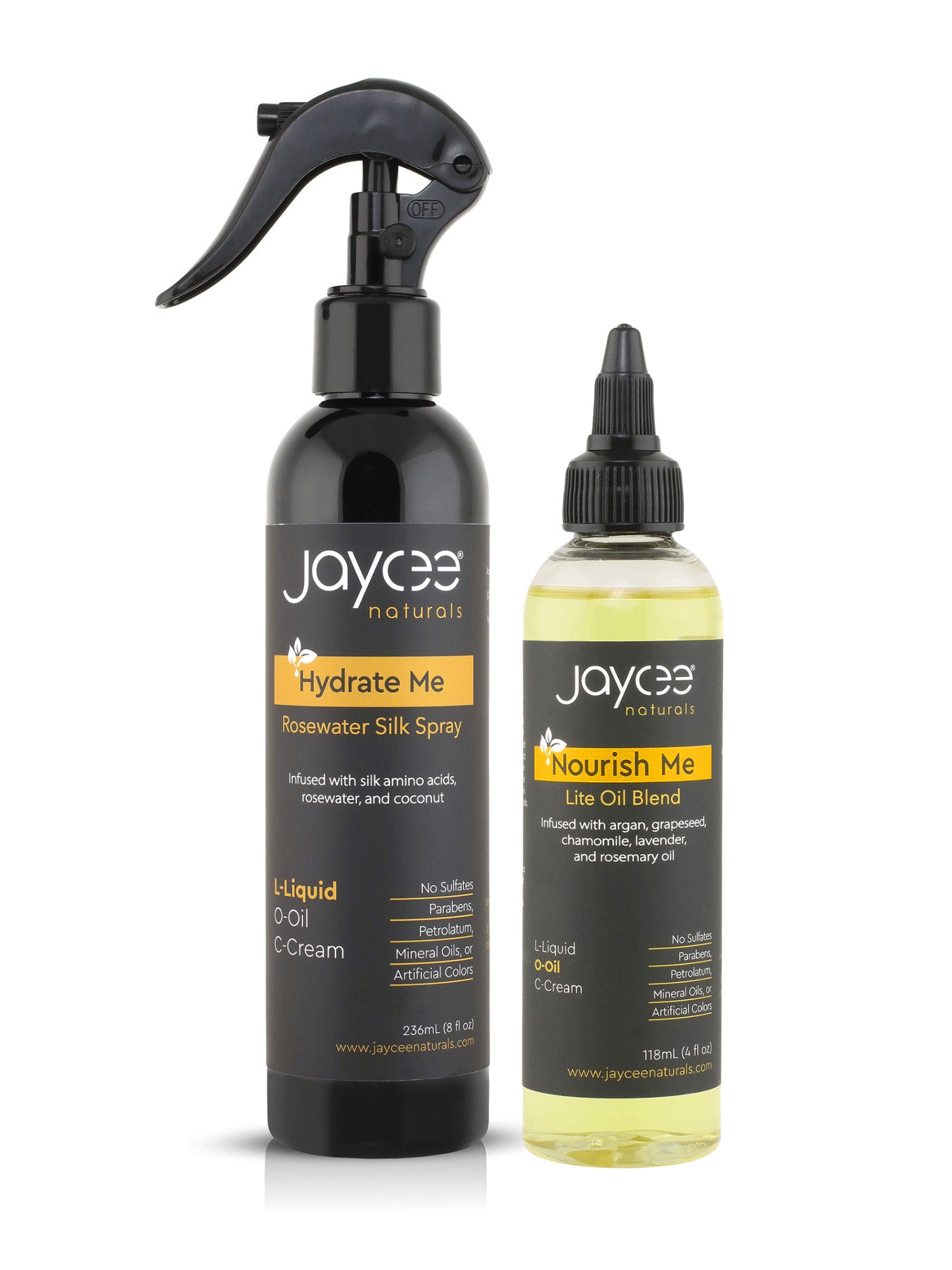 Jaycee Naturals rosewater spray and daily oil bottles on a white background
