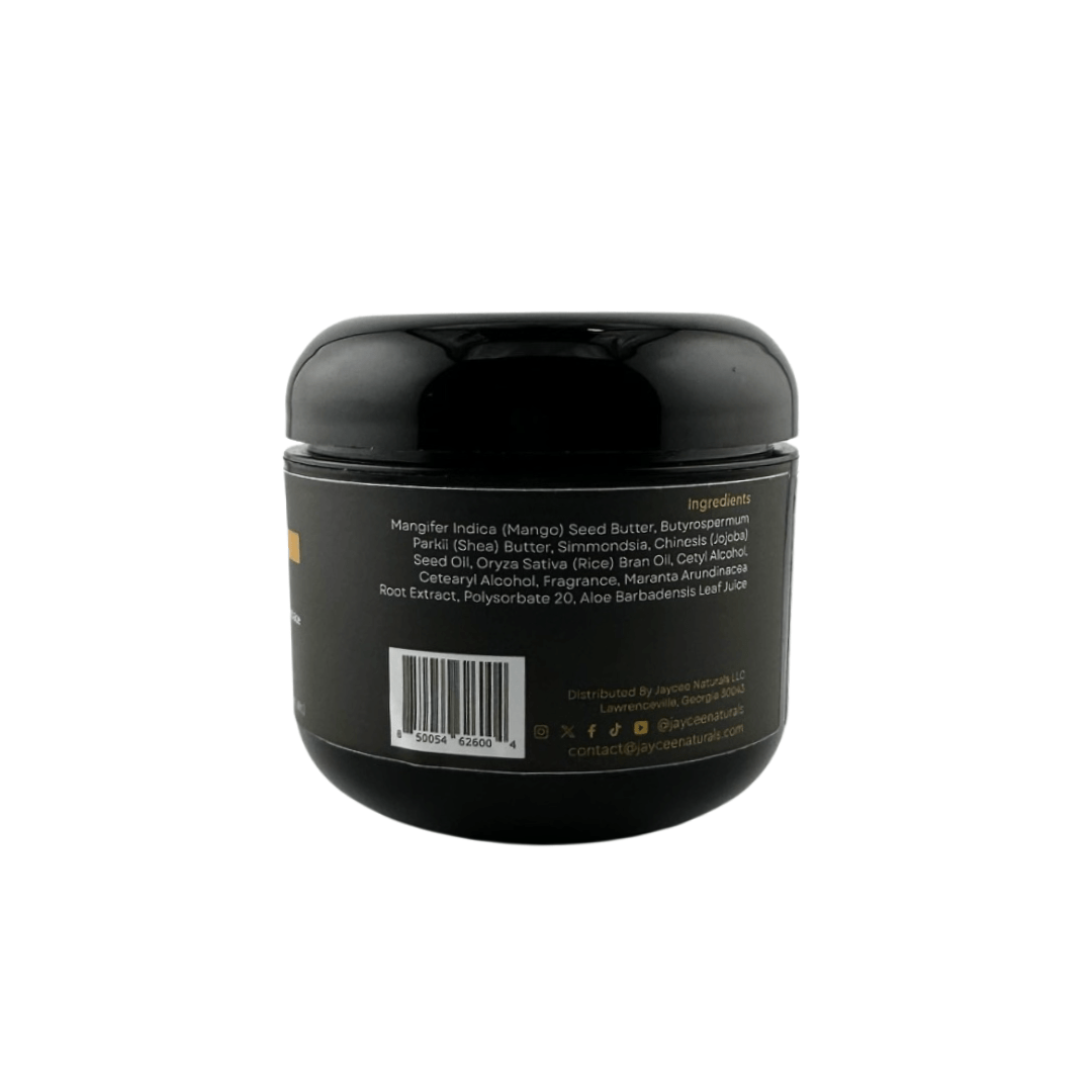 Jaycee Naturals Soften Me Hair Butter, back view. The label lists ingredients, mango butter, rice bran oil, and shea butter.