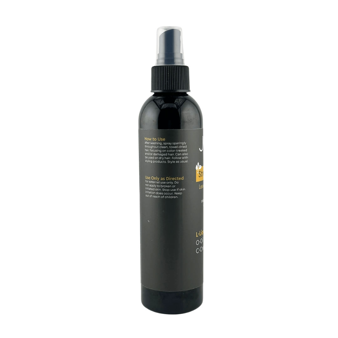 Jaycee Naturals Strengthen Me Leave-In Conditioner, back view. The label lists instructions of how to use and to use only as directed.