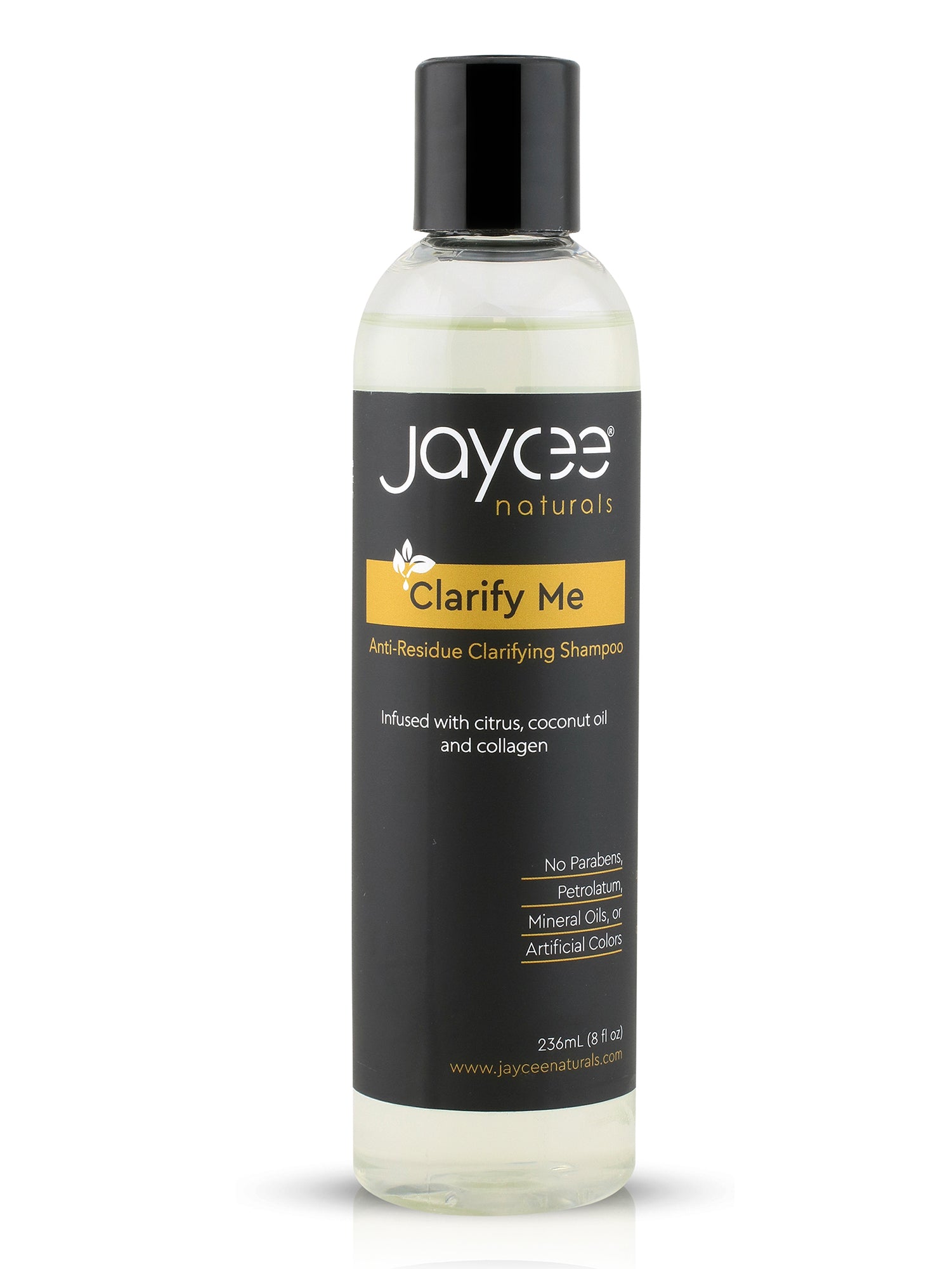 Jaycee Naturals Clarify Me Clarifying Shampoo in a clear 8 oz bottle with a black cap on a white background