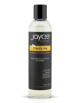 Jaycee Naturals Clarify Me Clarifying Shampoo in a clear 8 oz bottle with a black cap on a white background