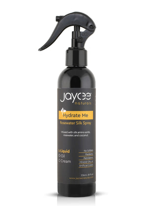 Jaycee Naturals Hydrate Me Rosewater Spray in an 8 oz black bottle with a trigger sprayer on a white background