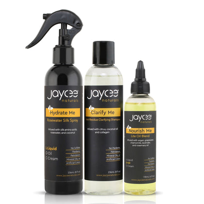 Jaycee Naturals 3-product bundle of rosewater spray, clarifying shampoo, and daily hair oil on a white background