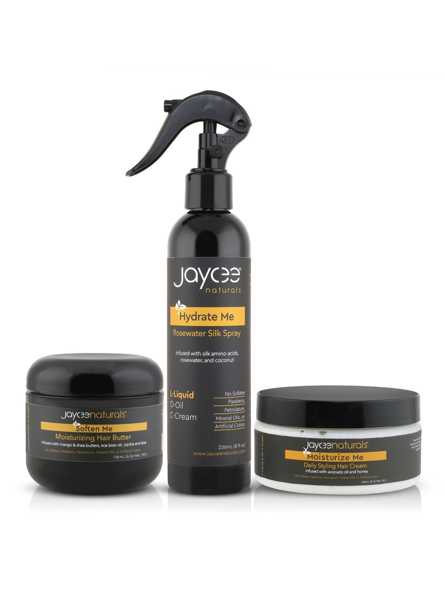Jaycee Naturals 3-product bundle of rosewater spray, hair butter, and hair cream on a white background