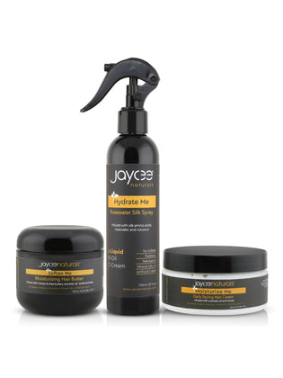Jaycee Naturals 3-product bundle of rosewater spray, hair butter, and hair cream on a white background