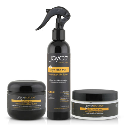 Jaycee Naturals 3-product bundle of rosewater spray, hair butter, and hair cream on a white background