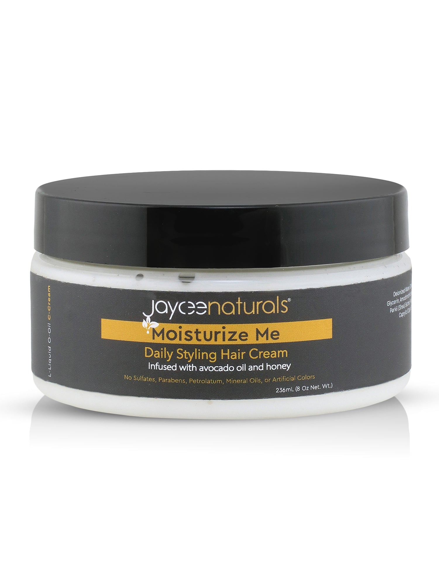 Jaycee Naturals Moisturize Me Hair Cream in a clear 8 oz jar with a black twist lid on a white background