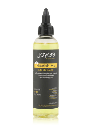 Jaycee Naturals Nourish Me Lite Oil in a clear 4 oz bottle and black twist top on a white background
