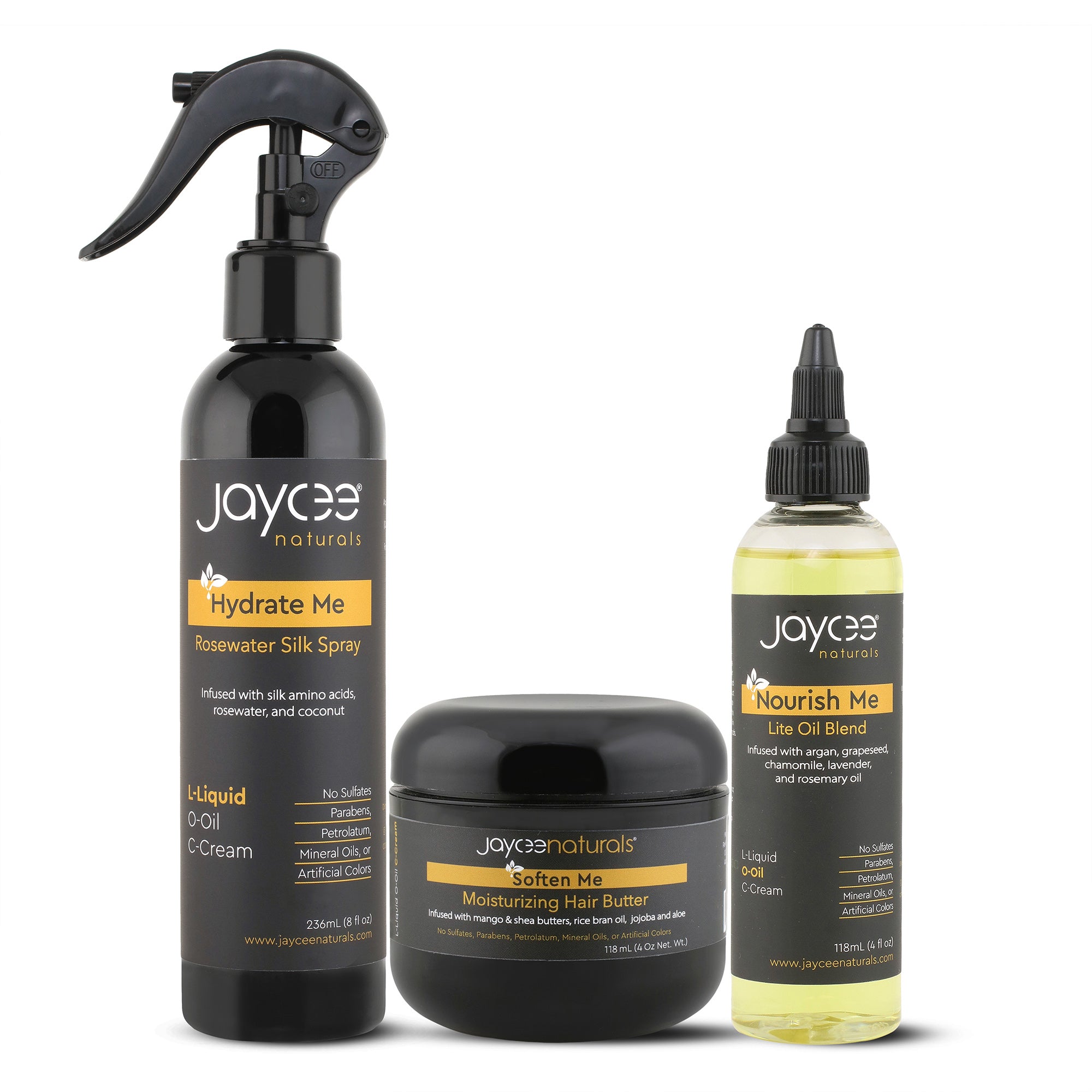 Jaycee Naturals 3-product bundle of rosewater spray, hair butter, and daily hair oil on a white background