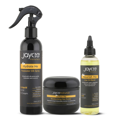 Set of Jaycee Naturals hair care products including a spray, bottle, and jar on a white background
