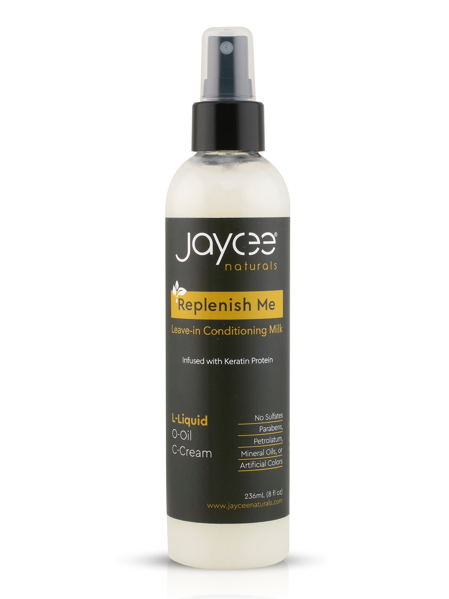 Jaycee Naturals Replenish Me Leave-In Conditioning Milk in a clear 8 oz bottle with a black sprayer on a white background