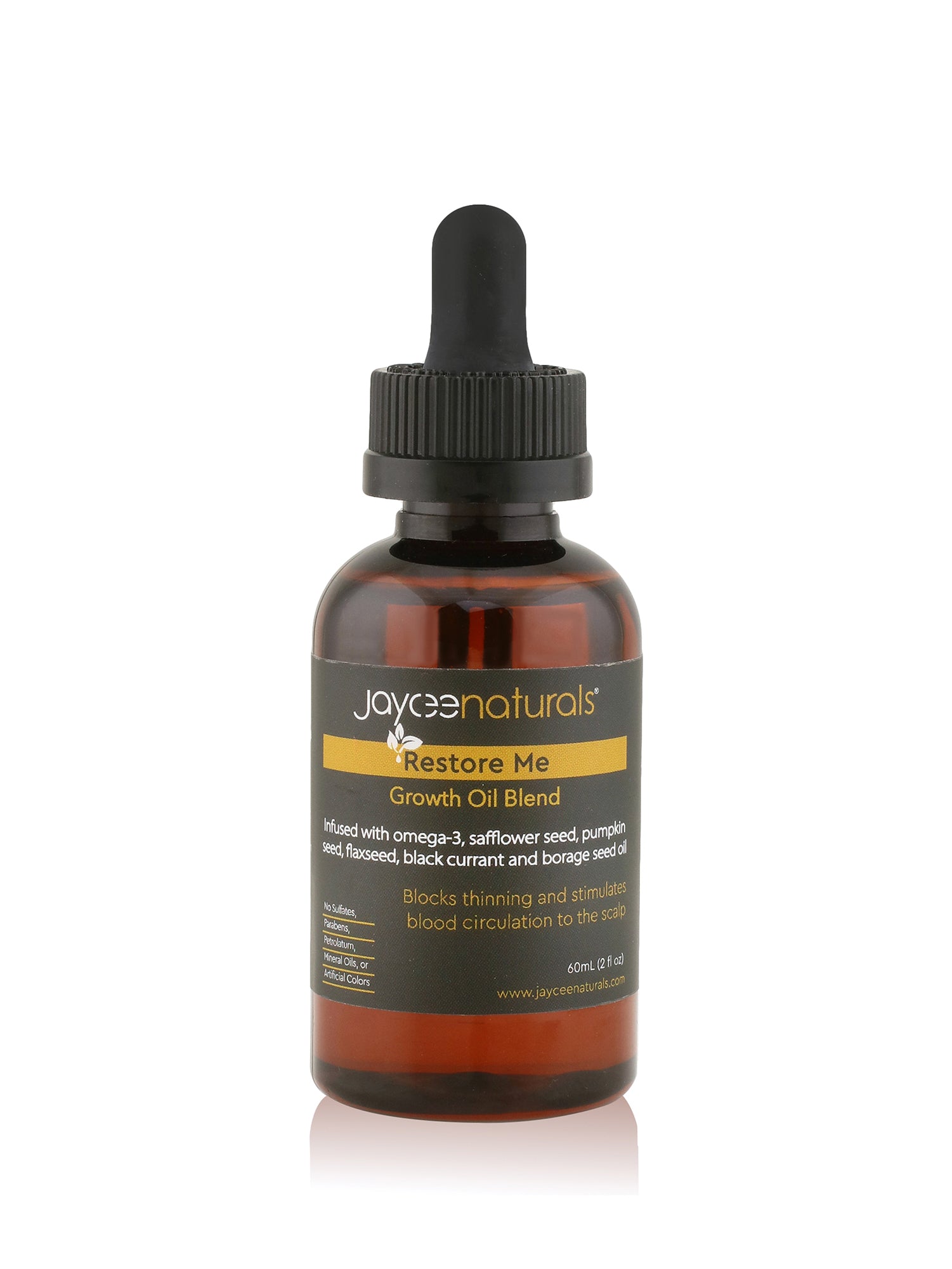 Jaycee Naturals Restore Me Growth Oil in a 2 oz amber bottle with a black dropper on a white background