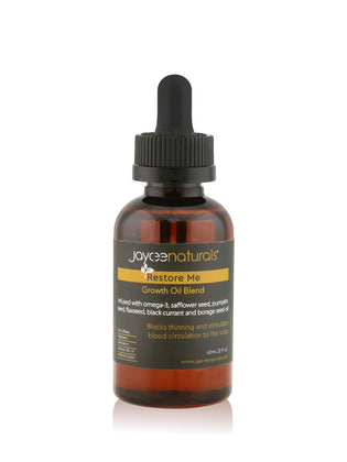 Jaycee Naturals Restore Me Growth Oil in a 2 oz amber bottle with a black dropper on a white background