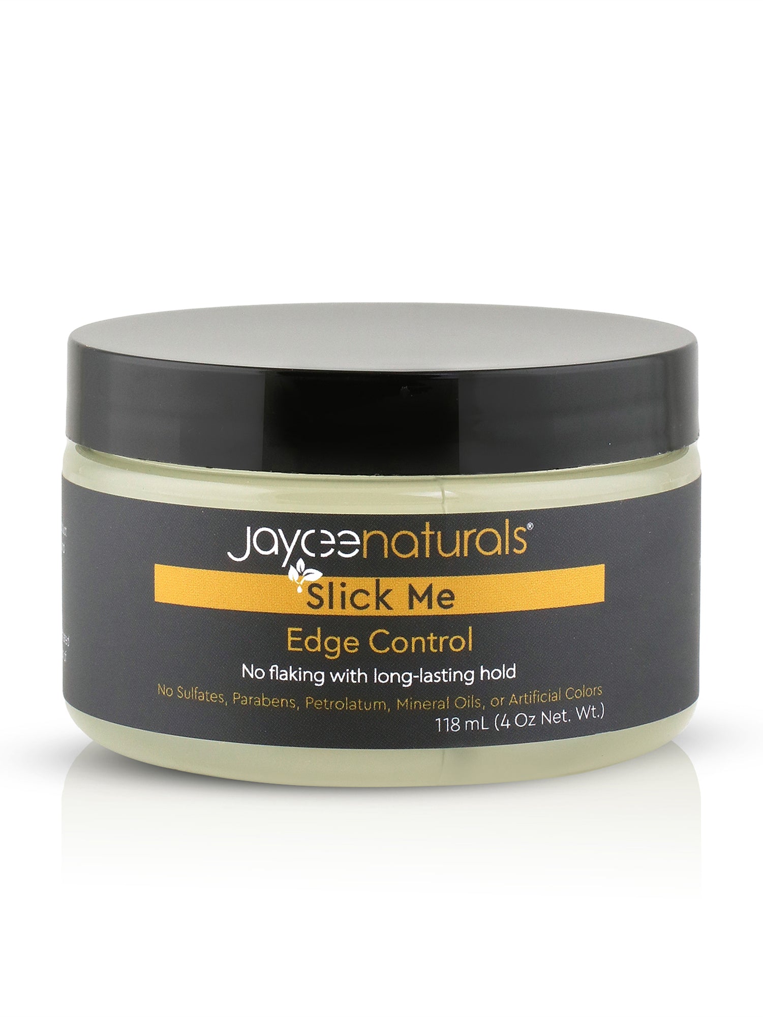 Jaycee Naturals Slick Me Edge Control in a clear 4 oz jar with a black twist lid on a white background