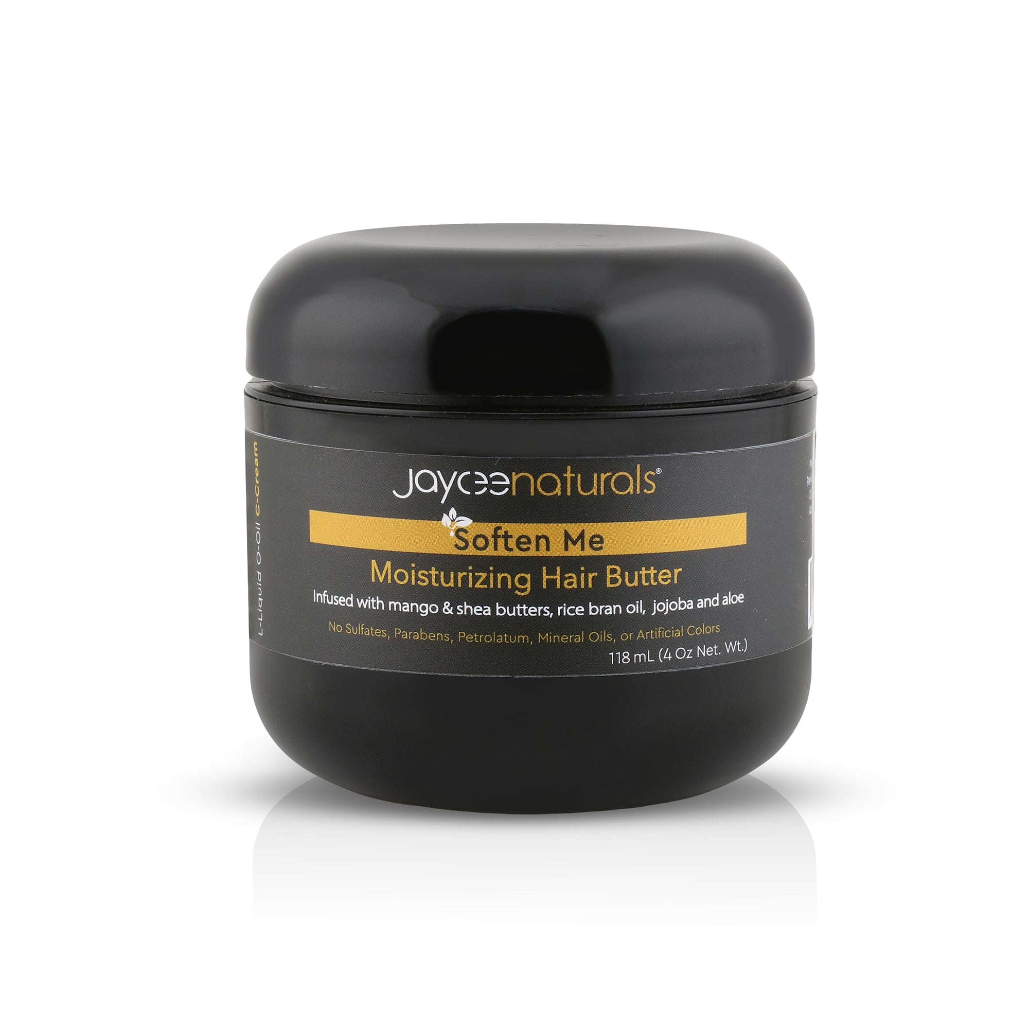 Jaycee Naturals Soften Me Hair Butter in a 4 oz black jar with a black lid on a white background