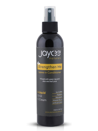 Jaycee Naturals Strengthen Me Leave-In Conditioner in an 8 oz black bottle with a black sprayer on a white background